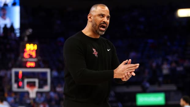 Rockets head coach Ime Udoka reacts during the first half against the Memphis Grizzlies at FedExForum.